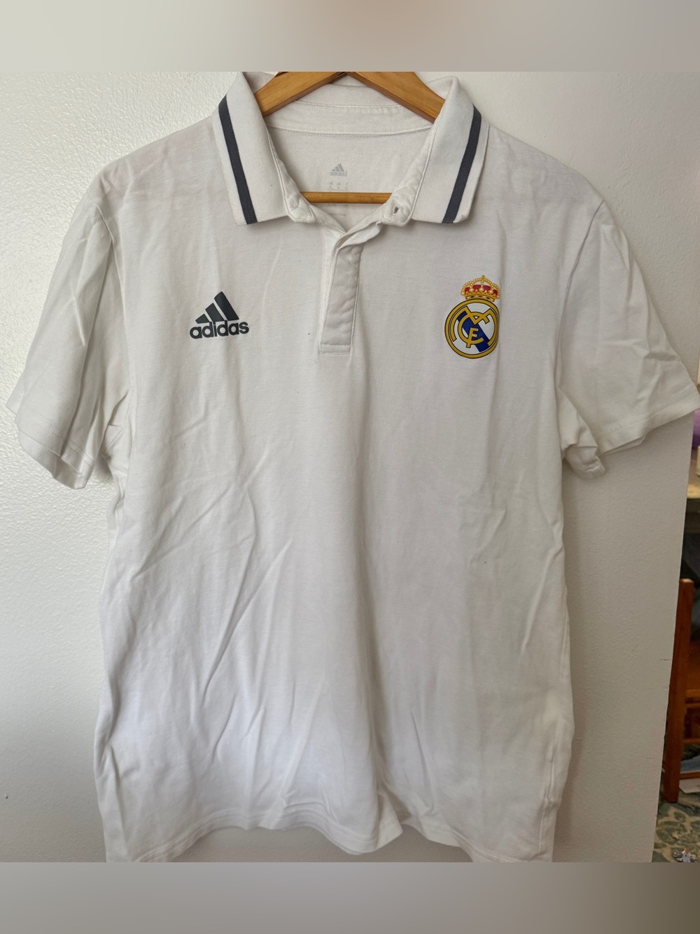 adidas White Polo with Navy Trim and Real Madrid Crest